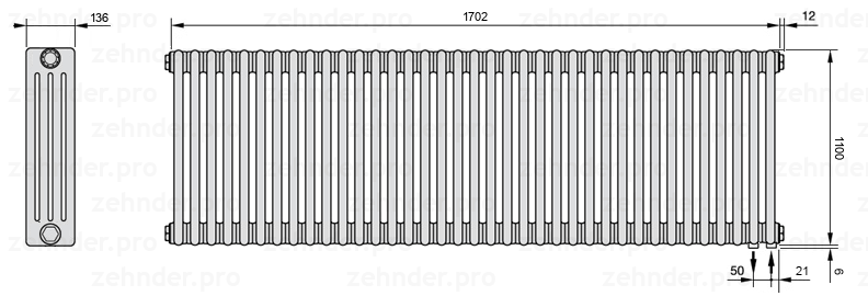 Схема (чертеж) Радиатор Zehnder Charleston 4110/37 №5510 Белый глянцевый RAL 9016